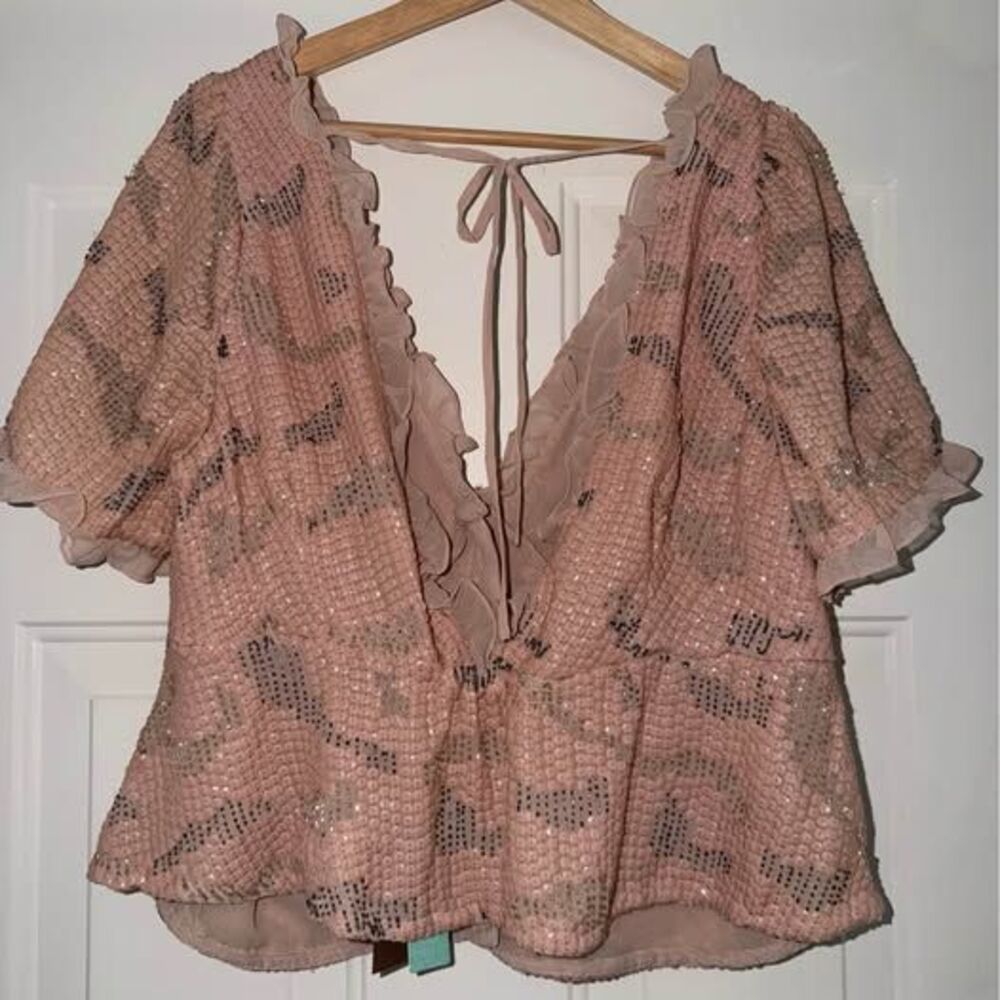 NWT Anthropologie Pink Sequin Ruffle Cropped Top. Sz 1X - Picture 7 of 10